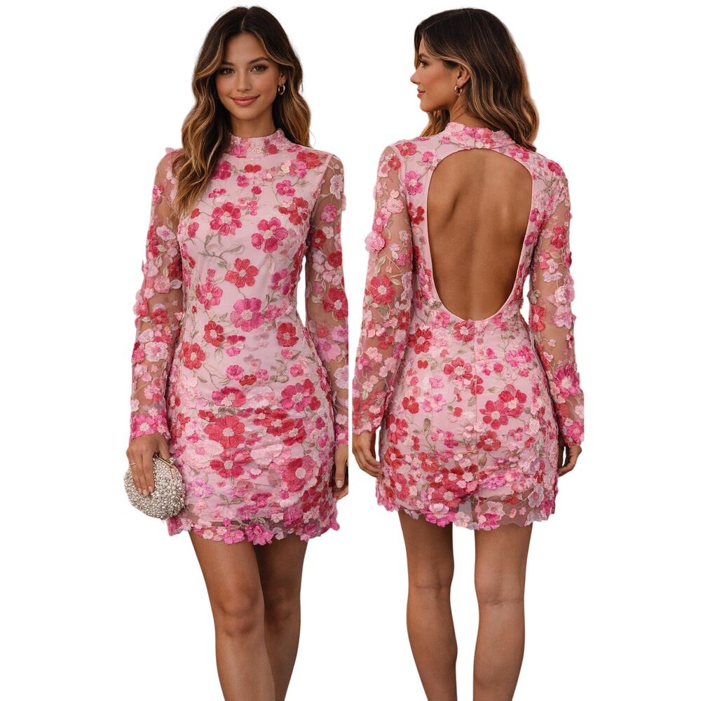 Fashion Nova Pink Floral Open-Back Midi Dress